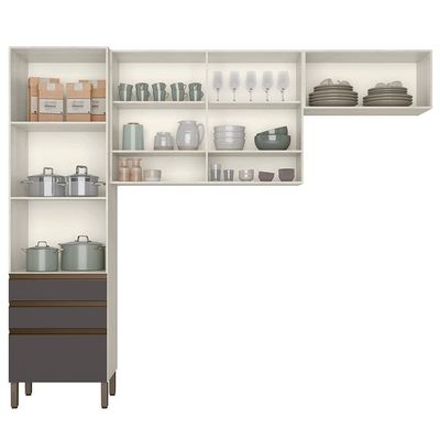 Cozinha Compacta Bartira Jaspe com 4 Portas, 3 Gavetas e 5 Prateleiras - 260,4cm de largura - Freixo/Grafite