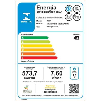 Ar Condicionado Split 18.000 BTUs Inverter AI Ecomaster Frio Midea 42EZVCA18M5.38EZVCA18M5 220V