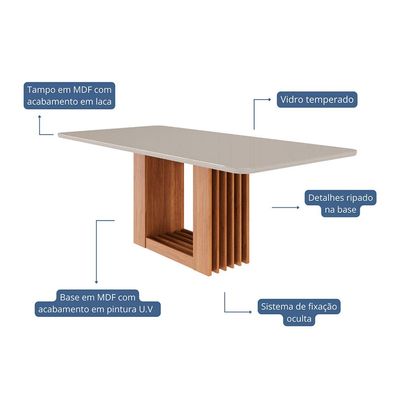 Mesa de Jantar Retangular com Tampo de Vidro Ariela Off White e Cinamomo 210 cm