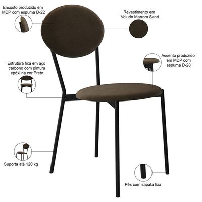 Kit 05 Cadeiras Estofada Para Sala De Jantar Azuri Preto C01 Veludo Marrom Sand - Lyam Decor