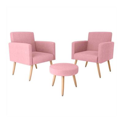 Kit 2 Poltronas Decorativas E Puff Decorativo Pés Palito Dallas Matrix Veludo Turkey Rosa