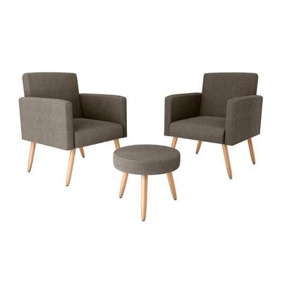 Kit 2 Poltronas Decorativas E Puff Decorativo Pés Palito Dallas Matrix Veludo Turkey Marrom