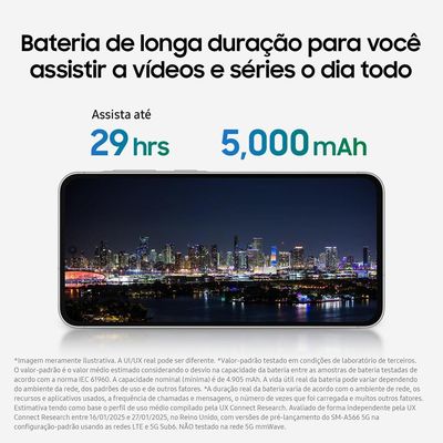 Smartphone Samsung Galaxy A36 5G Violeta 128GB, 6GB RAM, Câmera Tripla até 50MP, Tela Super AMOLED 6.7", IP67, NFC, Recursos AI e Snapdragon 6 Gen 3