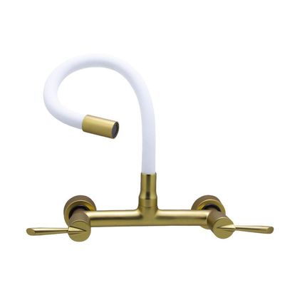 Torneira Cozinha Misturador Tubo Flexível Parede Branco Com Dourado 1/4 Volta Metal Luxo