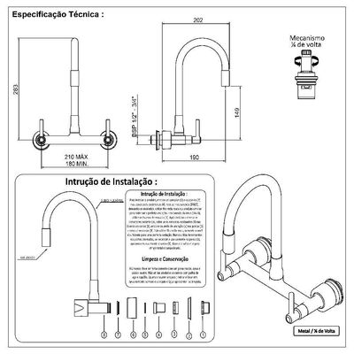 Torneira Cozinha Misturador Tubo Flexível Parede Branco Com Dourado 1/4 Volta Metal Luxo