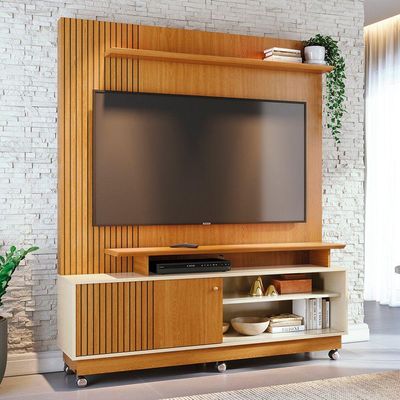 Combo Home Com Rodinhas + Painel Para 60 Polegadas Ares - 7 Decor Cinamomo E Off White