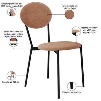 Kit 05 Cadeiras Estofada Para Sala De Jantar Azuri Preto C01 Veludo Bege - Lyam Decor