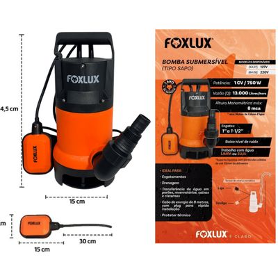 Bomba Submersível Sapo 1cv Foxlux Água Limpa Suja Automá 127