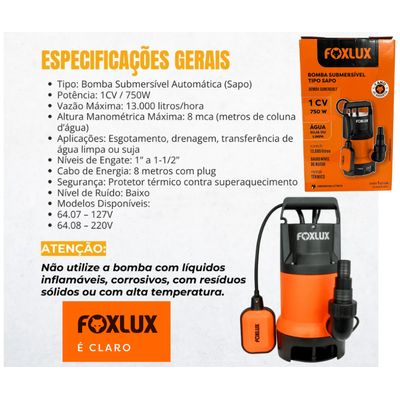 Bomba Submersível Sapo 1cv Foxlux Água Limpa Suja Automá 220