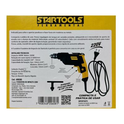 Furadeira De Impacto Pro 600w E Chave Mandril Startools Cor Amarela Frequência 50hz/60 Hz 220v