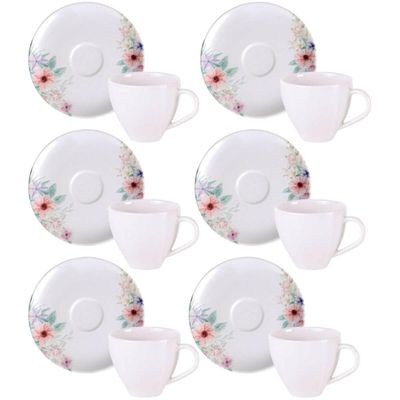 Jogo 6 Xícaras de Café com Pires 100ml Tramontina Floratta Porcelana Cozinha Mesa Posta