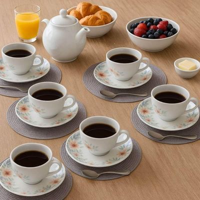 Jogo 6 Xícaras de Café com Pires 100ml Tramontina Floratta Porcelana Cozinha Mesa Posta