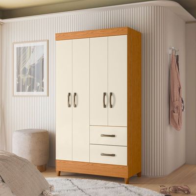 Guarda-Roupa Solteiro Palumóveis Mobi com Cabideiro, 4 Portas de Bater e 2 Gavetas, Cinamomo e Off White - 98cm de Largura