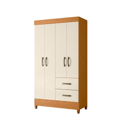 Guarda-Roupa Solteiro Palumóveis Mobi com Cabideiro, 4 Portas de Bater e 2 Gavetas, Cinamomo e Off White - 98cm de Largura