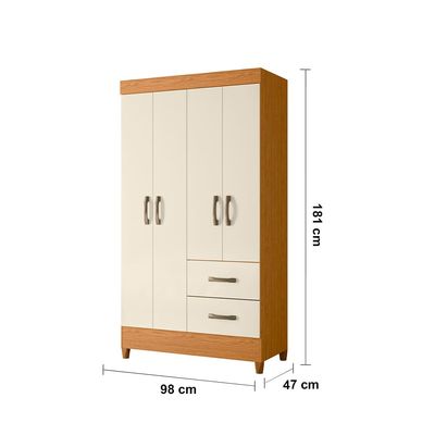 Guarda-Roupa Solteiro Palumóveis Mobi com Cabideiro, 4 Portas de Bater e 2 Gavetas, Cinamomo e Off White - 98cm de Largura