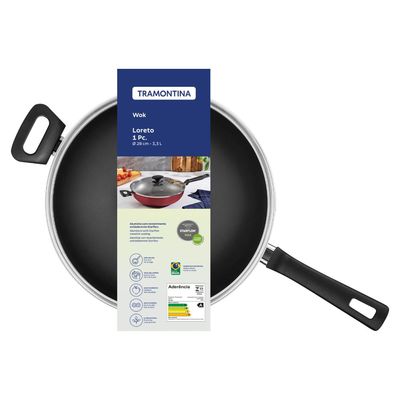 Wok Loreto Alumínio Starflon c/ Tampa Vidro 28cm