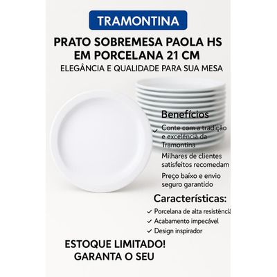 Kit 12 Pratos Sobremesa Tramontina Paola Porcelana 21 cm