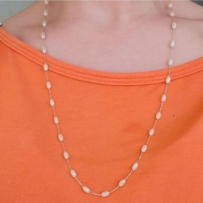 Corrente De Perola Brilhante Tamanho 60Cm Banhada A Ouro 18K