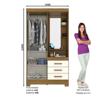 Guarda-roupa 2 Portas 3 Gavetas Pequin Briz Nature Off White