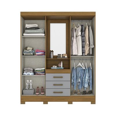 Guarda Roupa Casal Espelho 04 Portas 03 Gavetas B24 Briz Nature Cinza