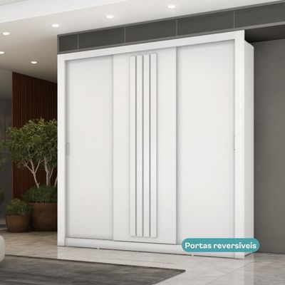Guarda Roupa Casal 3 Portas Doha Carraro Ripado Branco Com Freijó