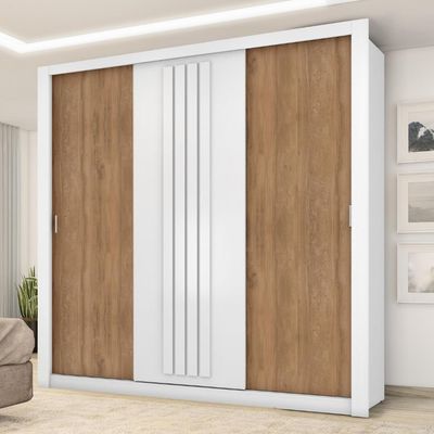 Guarda Roupa Casal 3 Portas Doha Carraro Ripado Branco Com Freijó