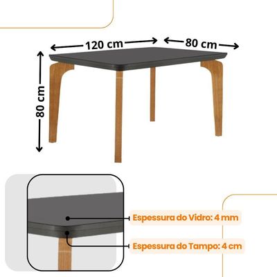 Conjunto Mesa Liz 120cm Com Vidro 4 Cadeiras Athenas Moderna Turim/grafite/imbuia/