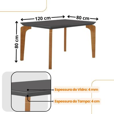 Conjunto Mesa Liz 120cm Com Vidro 4 Cadeiras Athenas Mod... Vel. Capuccino Grafite Imbuia Serig. Gra