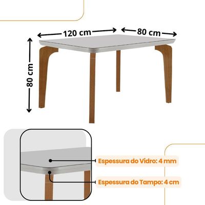 Mesa Sala De Jantar Liz 120cm Em Mdf E Vidro Com Canto Copo Off White/ Imbuia/ Serig. Off