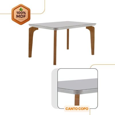 Mesa Sala De Jantar Liz 120cm Em Mdf E Vidro Com Canto Copo Off White/ Imbuia/ Serig. Off