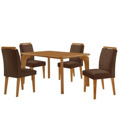 Mesa Liz 120 Mdf Canto Copo E Com 4 Cadeiras Athenas Veludo Marrom/naturalle/naturalle
