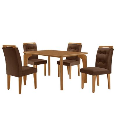 Mesa Liz 120 Mdf Canto Copo E Com 4 Cadeiras Carol Veludo Marrom/naturalle/naturalle