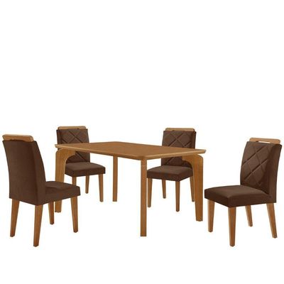 Mesa Liz 120 Mdf Canto Copo E Com 4 Cadeiras Melissa Veludo Marrom/naturalle