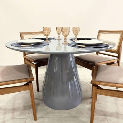 Mesa De Jantar Cone Balonê Redonda 140 Cm Tampo Laca Cinza + Vidro Base Cinza Cor Cinza