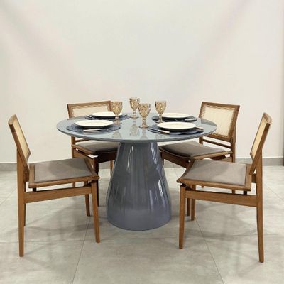 Mesa De Jantar Cone Balonê Redonda 140 Cm Tampo Laca Cinza + Vidro Base Cinza Cor Cinza
