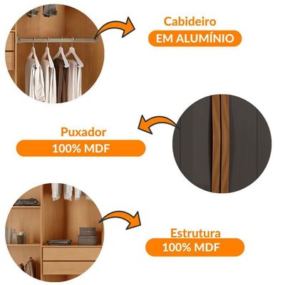 Guarda Roupa Casal Dunas Mdf 6 Portas E 2 Gavetas Moderna Naturalle Grafite