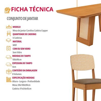 Mesa Carolina 180 Tampo Mdf  6 Cadeiras Moderna Mobilia