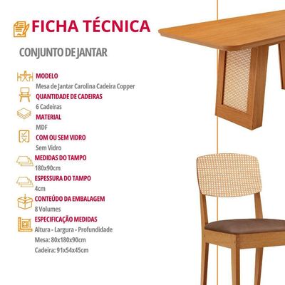 Mesa Carolina 180 Tampo Mdf 6 Cadeiras Moderna Mobilia Tork