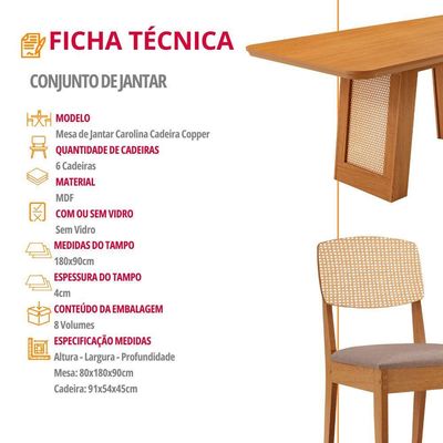 Mesa Carolina 180 Tampo Mdf 6 Cadeiras Moderna Mobilia