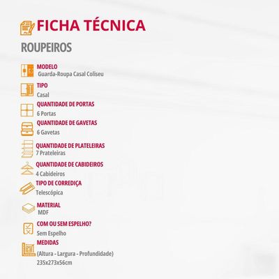 Guarda Roupa Casal Coliseu Mdf 6 Pts 6 Gvts Moderna Mobília Naturalle