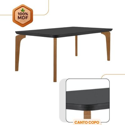 Mesa Sala De Jantar Liz 180cm Em Mdf E Vidro Com Canto Copo Grafite/ Imbuia/ Serig. Grafite
