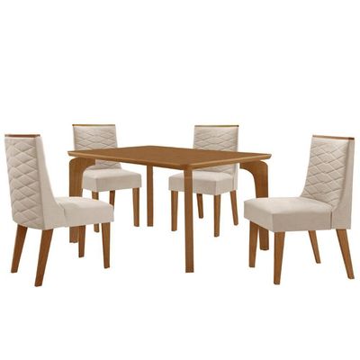 Mesa Liz 120cm Mdf Com 4 Cadeiras Safira Veludo Creme/naturalle/naturalle