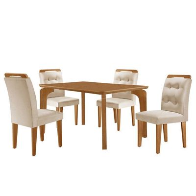 Mesa Liz 120 Mdf Com 4 Cadeiras Carol Veludo Creme/naturalle/naturalle