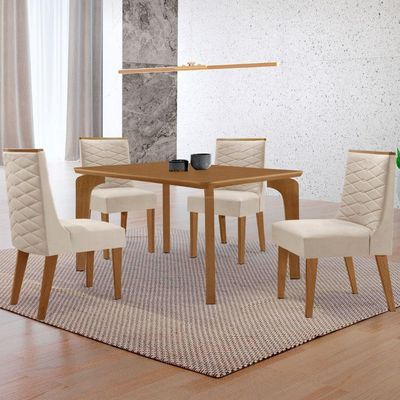Mesa Liz 120cm Mdf Com 4 Cadeiras Safira Veludo Creme/naturalle/naturalle
