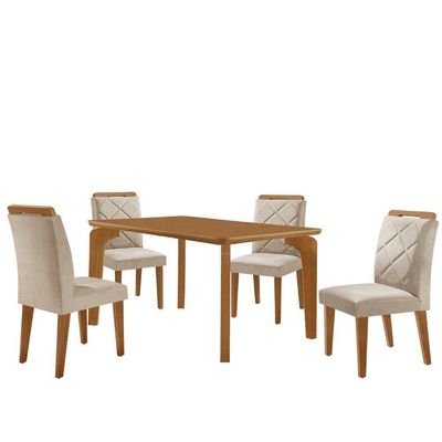 Mesa Liz 120 Mdf Com 4 Cadeiras Melissa Veludo Creme/naturalle/naturalle