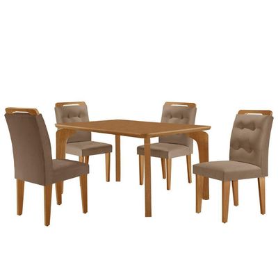Mesa Liz 120 Mdf Canto Copo E Com 4 Cadeiras Carol Veludo Capuccino/naturalle/naturalle