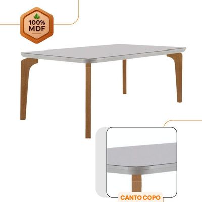 Mesa Sala De Jantar Liz 180cm Em Mdf E Vidro Com Canto Copo Off White/ Imbuia/ Serig. Off