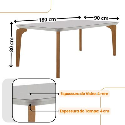 Mesa Sala De Jantar Liz 180cm Em Mdf E Vidro Com Canto Copo Off White/ Imbuia/ Serig. Off
