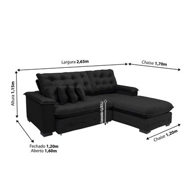 Sofá Berlin 2.65x1.70m Com Chaise Super Pillow Top - Preto