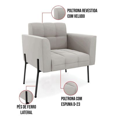 Poltrona Pé De Ferro Preto Para Sala Elisa Veludo D03 - D'rossi Cor Cinza